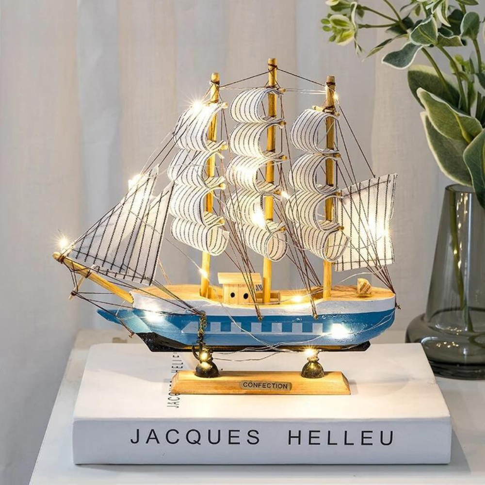 BowLift | Royaleva Nordic Wood Sailboat Sculpture - LED illuminated decorative piece, battery-operated