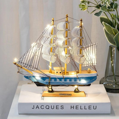 BowLift | Royaleva Nordic Wood Sailboat Sculpture - LED illuminated decorative piece, battery-operated