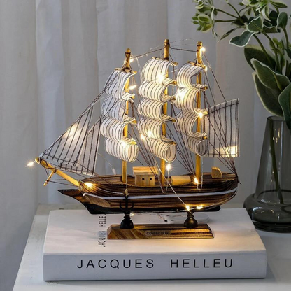 BowLift | Royaleva Nordic Wood Sailboat Sculpture - LED illuminated decorative piece, battery-operated