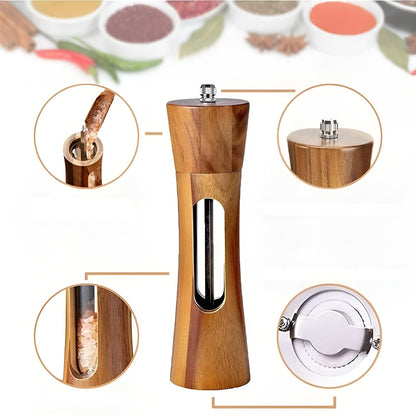 Manual salt and pepper mills – Wood design with acrylic glass window | Set of 2