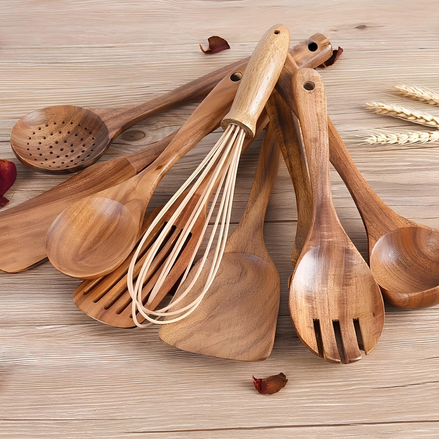 Skanto | 11-Piece Teak Kitchen Utensil Set | With Holder | Natural Wood