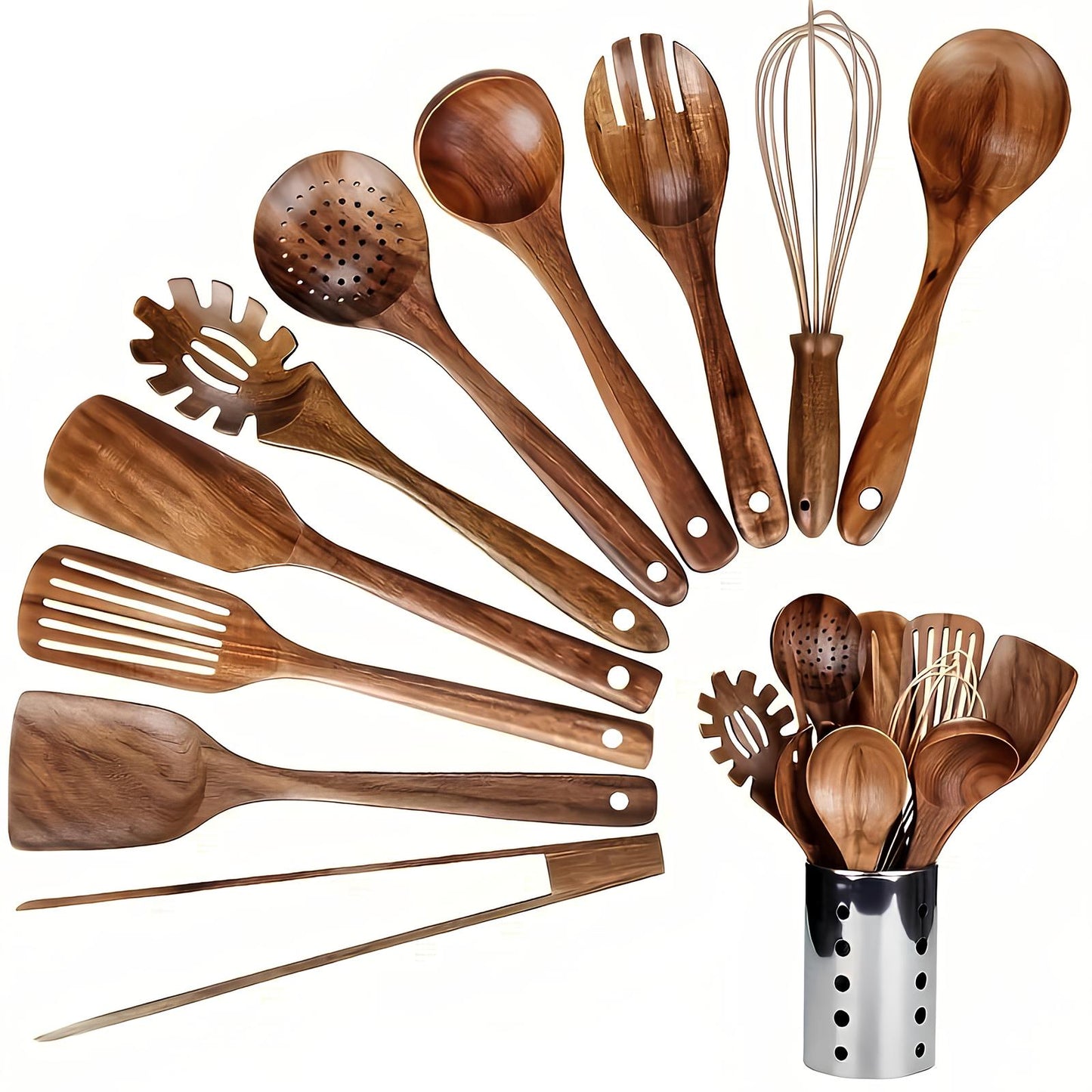Skanto | 11-Piece Teak Kitchen Utensil Set | With Holder | Natural Wood