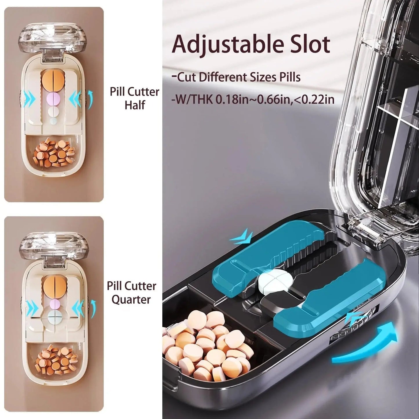 Adjustable pill cutter with precision blade