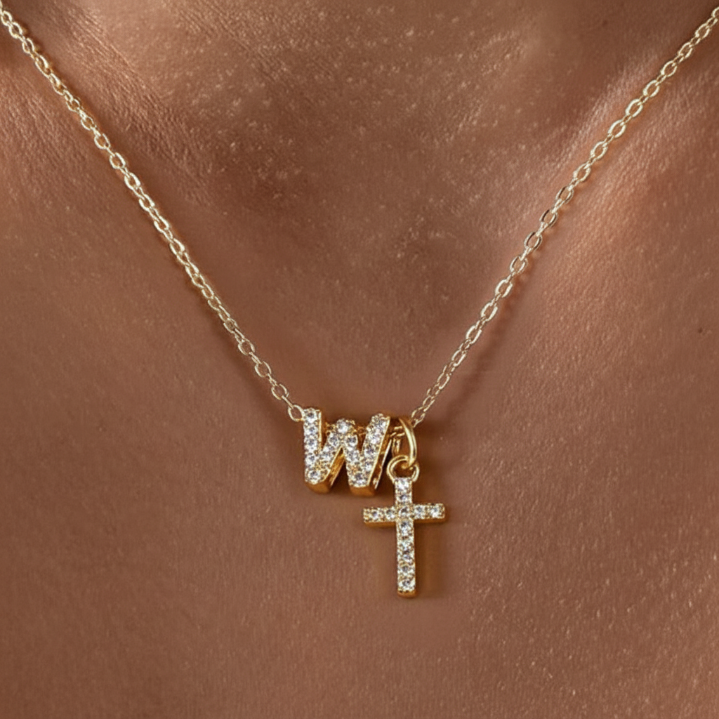 Skanto | Dainty Diamond Initial & Cross Necklace