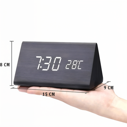 BowLift | WakeyCue | Modern Wooden LED Digital Alarm Clock with Temperature & Humidity Display