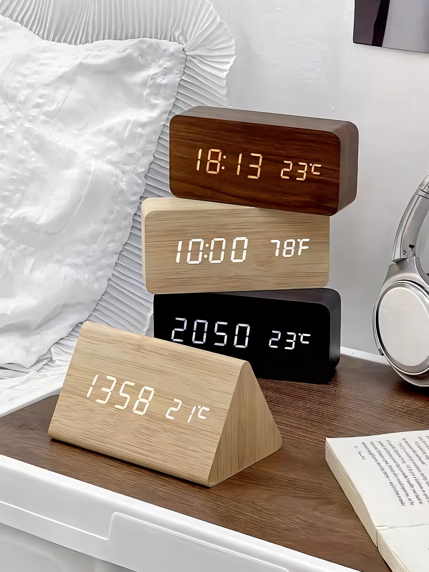 BowLift | WakeyCue | Modern Wooden LED Digital Alarm Clock with Temperature & Humidity Display