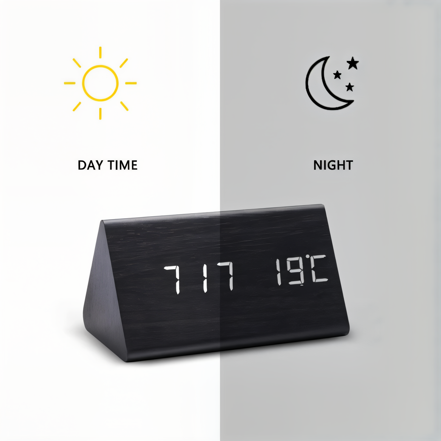 BowLift | WakeyCue | Modern Wooden LED Digital Alarm Clock with Temperature & Humidity Display