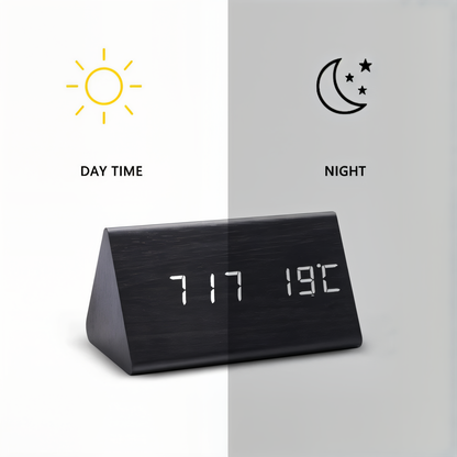 BowLift | WakeyCue | Modern Wooden LED Digital Alarm Clock with Temperature & Humidity Display