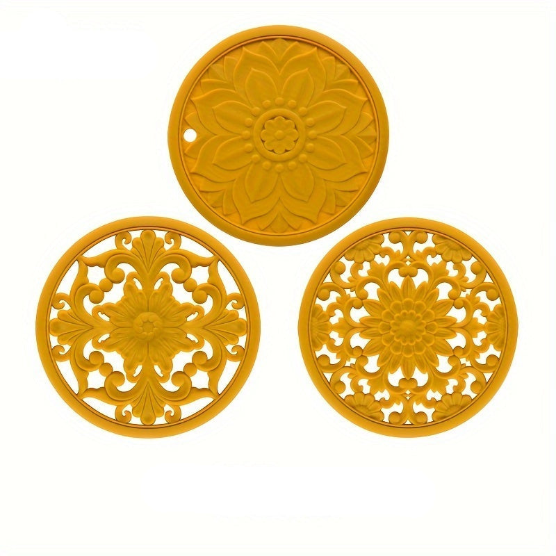 BowLift | Set of 3 Heat Resistant Silicone Mats with Floral Pattern – Protection up to 230°C, Non-Slip, 16 cm