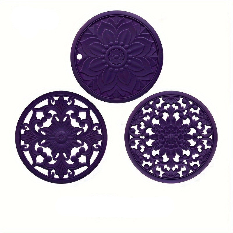 BowLift | Set of 3 Heat Resistant Silicone Mats with Floral Pattern – Protection up to 230°C, Non-Slip, 16 cm
