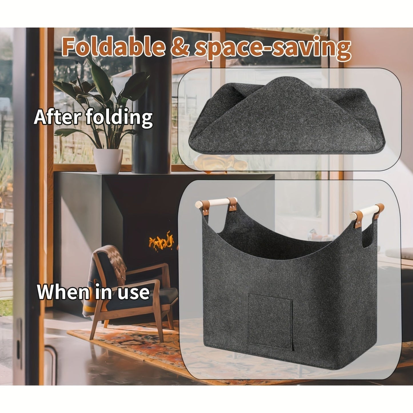 Skanto | Feldura Foldable Felt Firewood Basket 55 liter with Wooden Handles and Leather Details, Dark Grey