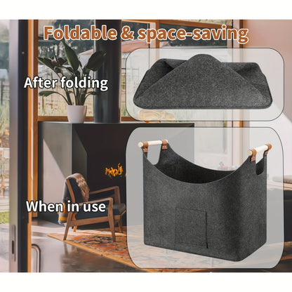 Skanto | Feldura Foldable Felt Firewood Basket 55 liter with Wooden Handles and Leather Details, Dark Grey