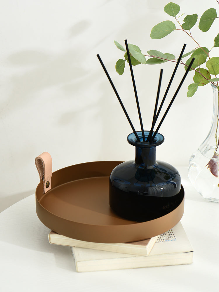 Skanto | Nordic Style Leather Handle Wrought Iron Round Dish Plate Color Storage Plate Water Glass Plate Home Decoration