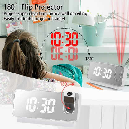 Projection Alarm Clock | LED Display with Mirror Surface | Two Alarms & Temperature Display | 19 cm