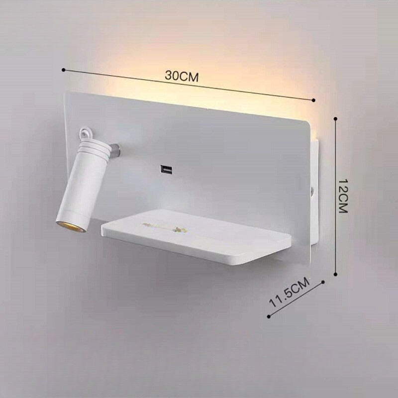 Skanto | Modern LED Wall Lamp with USB Port, Shelf for Bedroom and Office