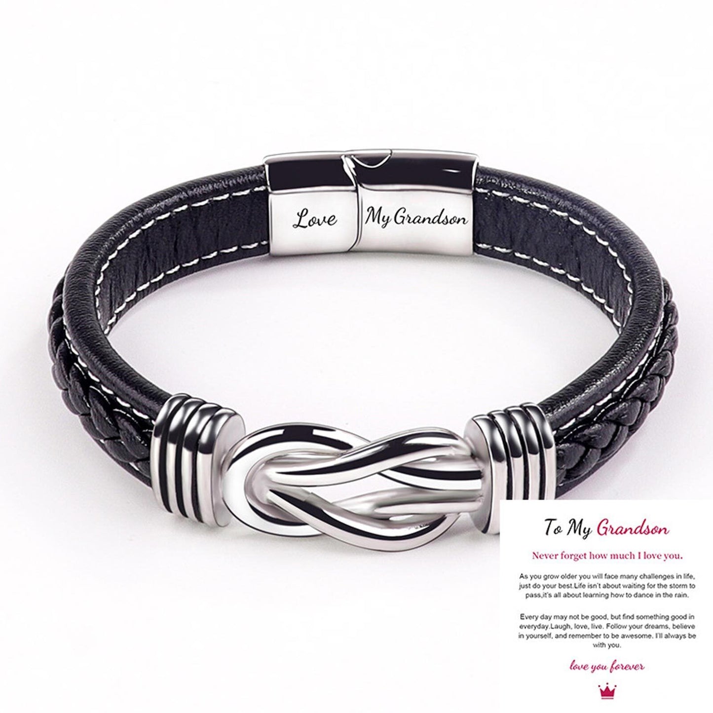 Braided Leather Knot Bracelet For Grandson From Grandmother Love Forever Bowlift