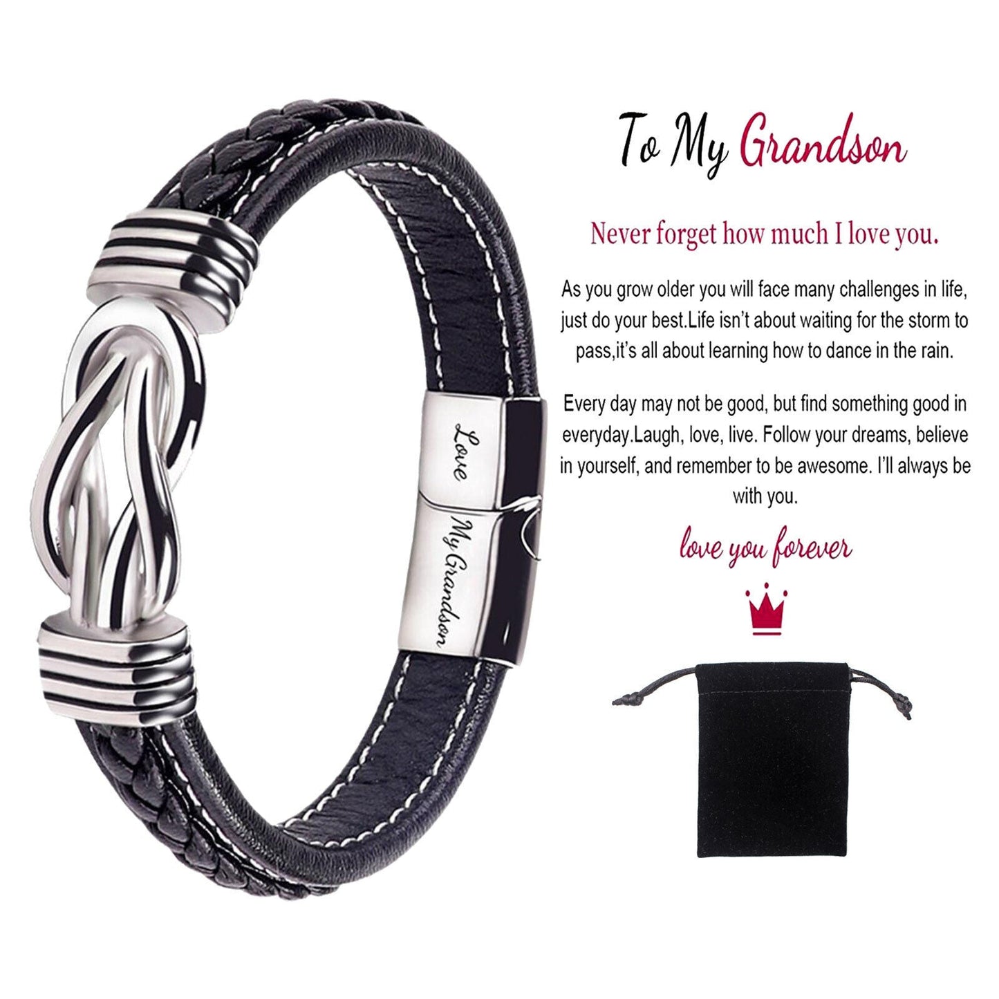 Braided Leather Knot Bracelet For Grandson From Grandmother Love Forever Bowlift