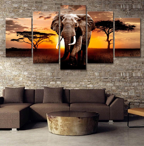 Morning Elephant - 5 Piece Canvas Wall Art Painting | Wildlife Wall Art | Bowlift