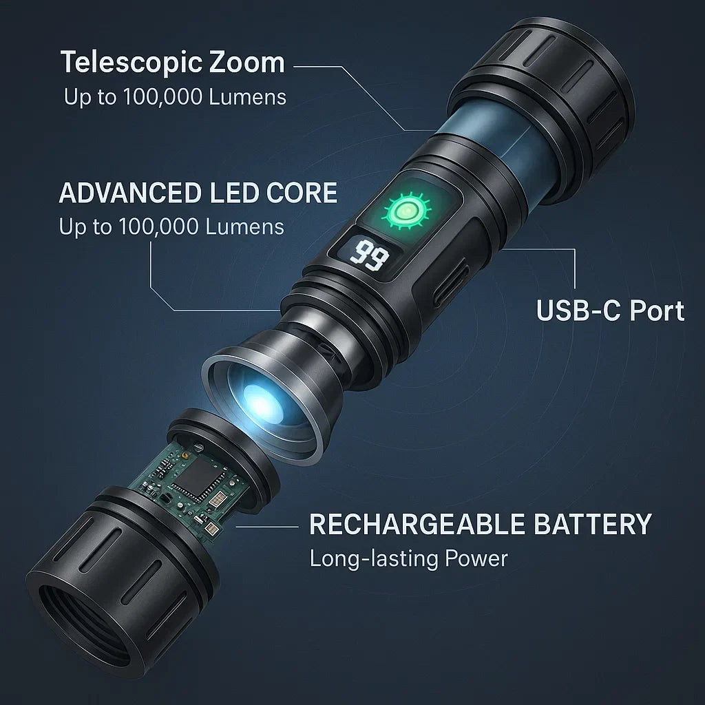 Skanto | 100000 Lumen Tactical Flashlight | World's Brightest High-Handheld Flashlight
