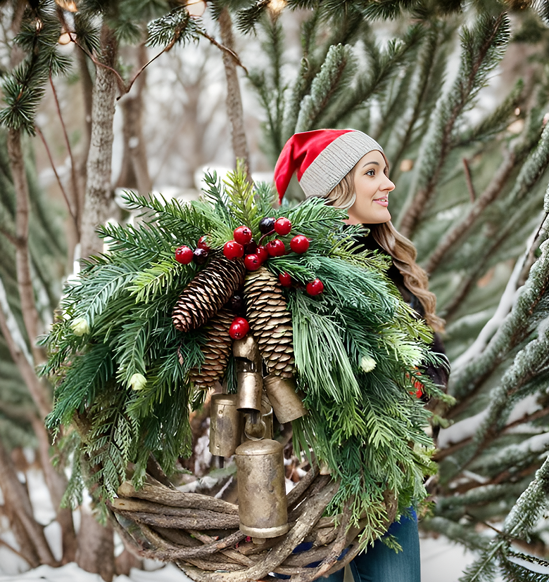 Skanto | Christmas Wreath | Boho Style | Rustic Winter Base with Pinecones and Golden Bells