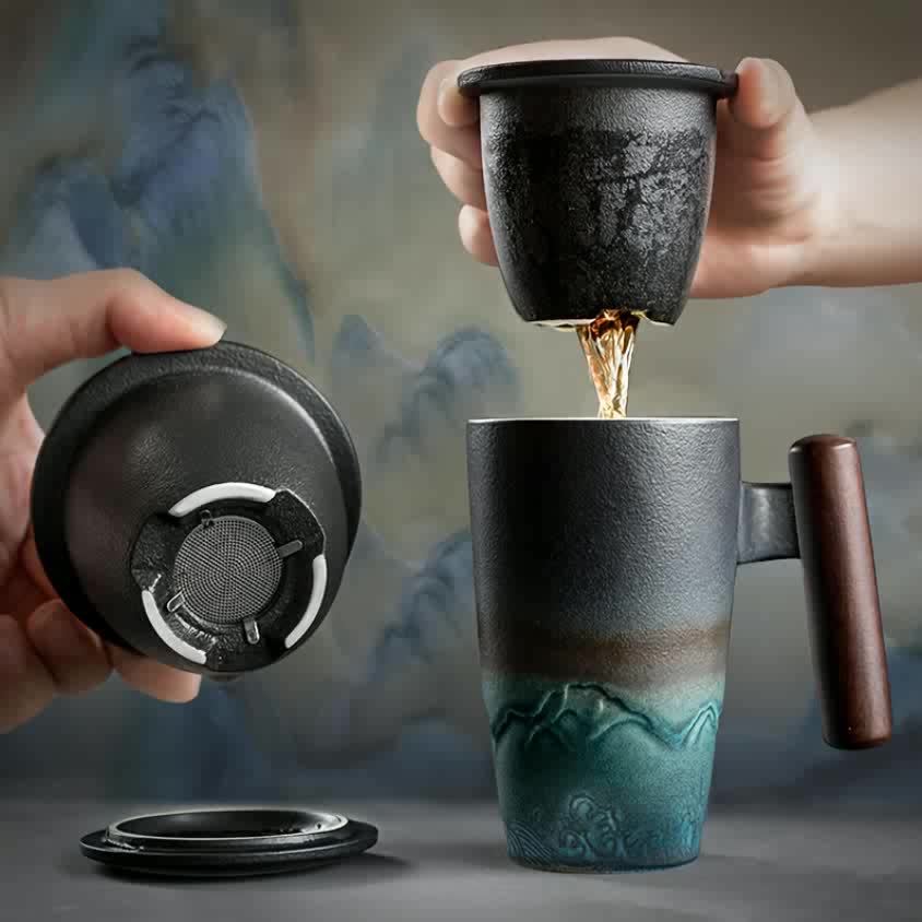 BowLift | TeaCraft Ceramic Mug | Handmade | With Tea Infuser & Wooden Handle | Retro Design