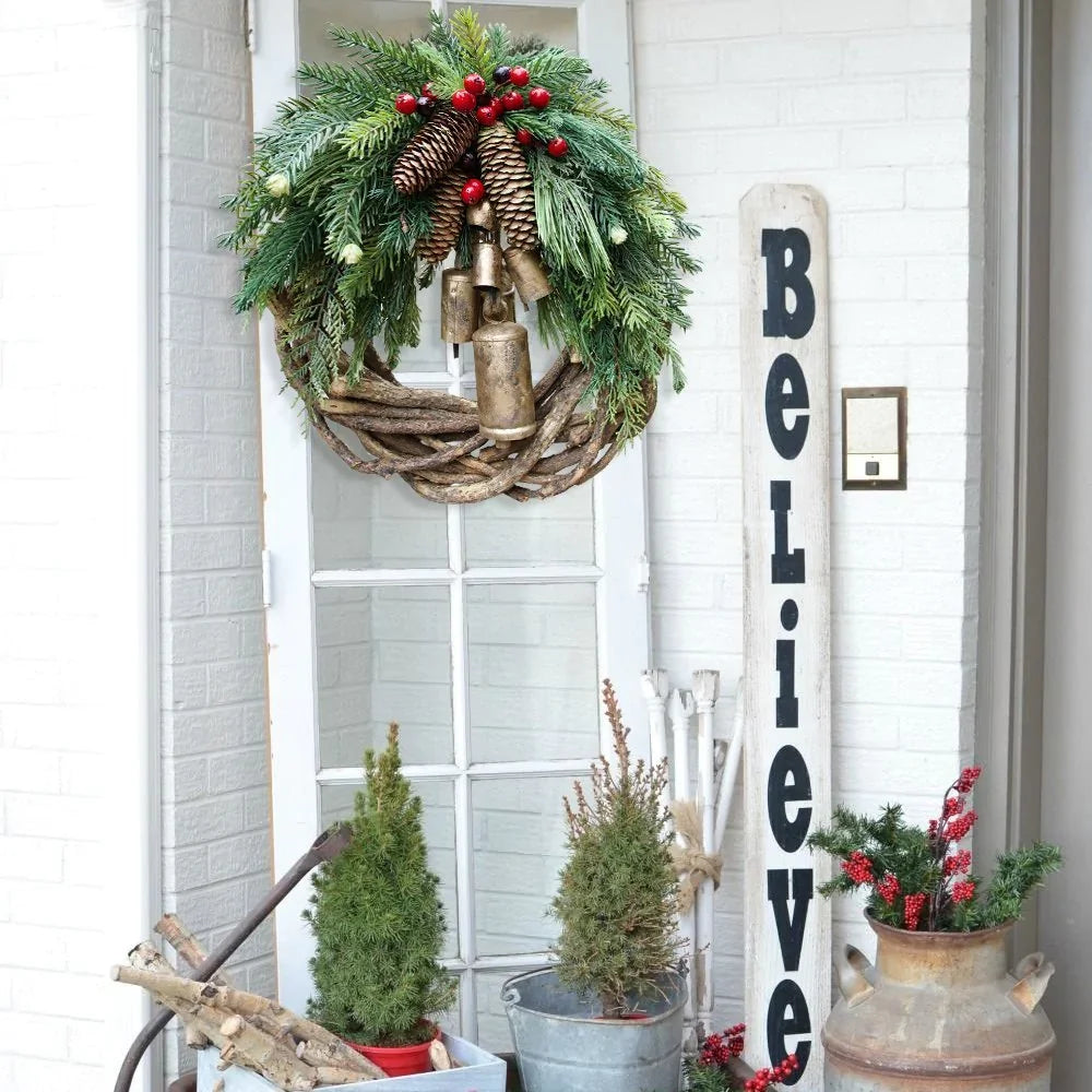 Skanto | Christmas Wreath | Boho Style | Rustic Winter Base with Pinecones and Golden Bells