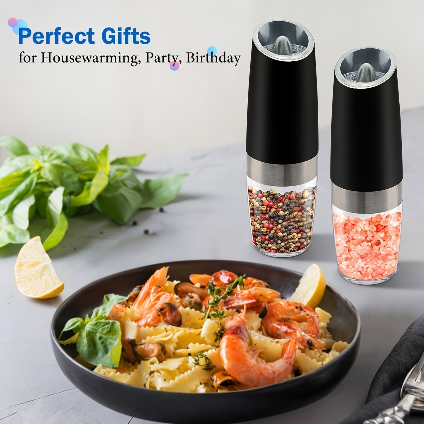 Skanto | Gravity Electric Salt and Pepper Grinder Set: Battery Operated with LED Light, One-Handed Automatic Operation, Adjustable Coarseness, Black - Kitchen Gadget Gift Idea