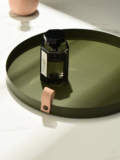 Skanto | Nordic Style Leather Handle Wrought Iron Round Dish Plate Color Storage Plate Water Glass Plate Home Decoration