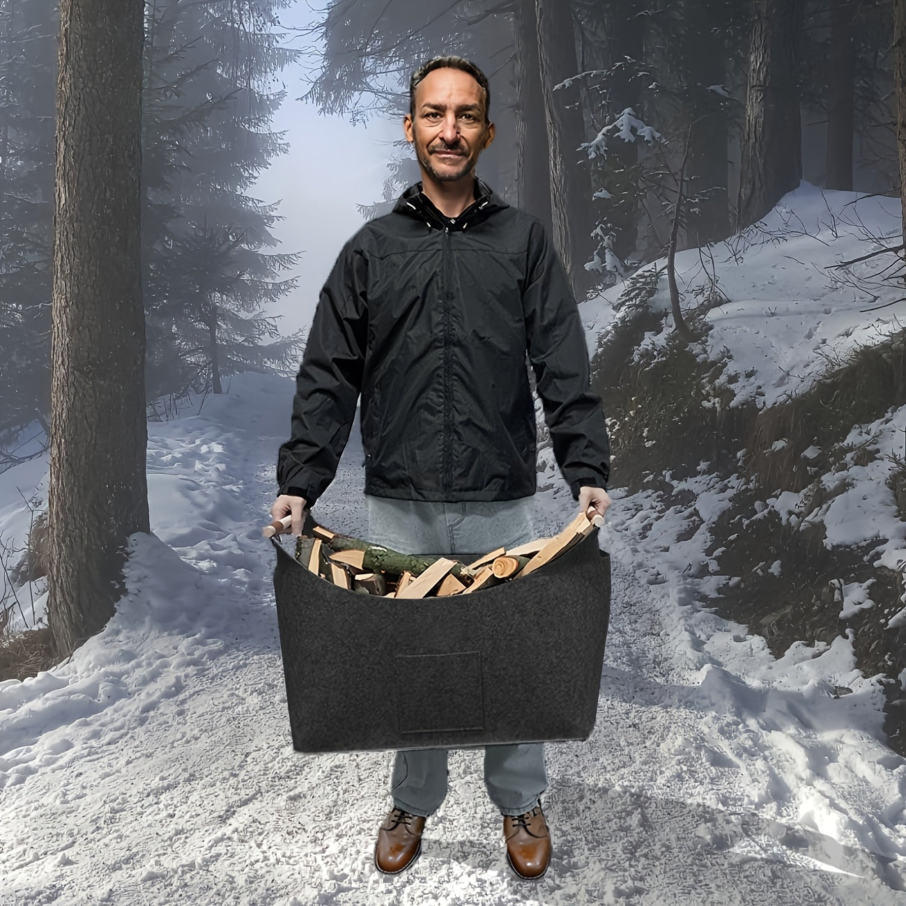 Skanto | Feldura Foldable Felt Firewood Basket 55 liter with Wooden Handles and Leather Details, Dark Grey