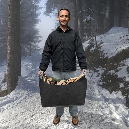 Skanto | Feldura Foldable Felt Firewood Basket 55 liter with Wooden Handles and Leather Details, Dark Grey