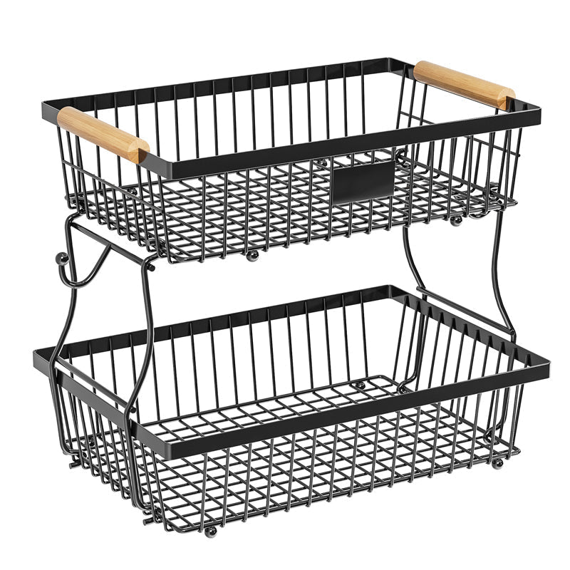 BowLift | 2-Tier Metal Fruit & Vegetable Storage Rack with Hooks