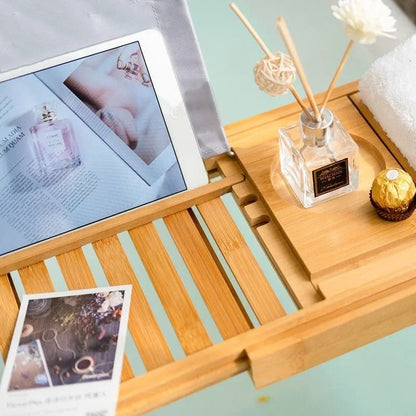 Skanto | Aurevo Bamboo Bathtub Caddy | Expandable Luxury Bathtub Tray with Wine Glass and Book Holder