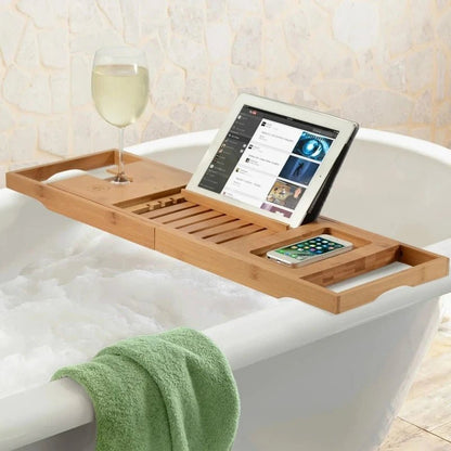 BowLift | Aurevo Bamboo Bath Caddy | Extendable luxury bathtub tray with wine glass & book holder