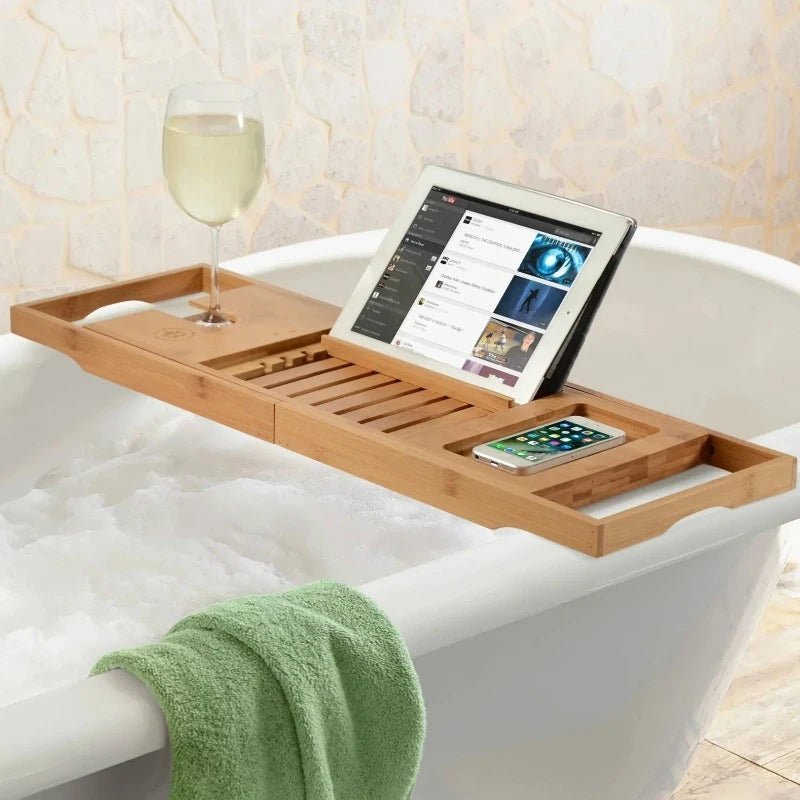 Skanto | Aurevo Bamboo Bathtub Caddy | Expandable Luxury Bathtub Tray with Wine Glass and Book Holder