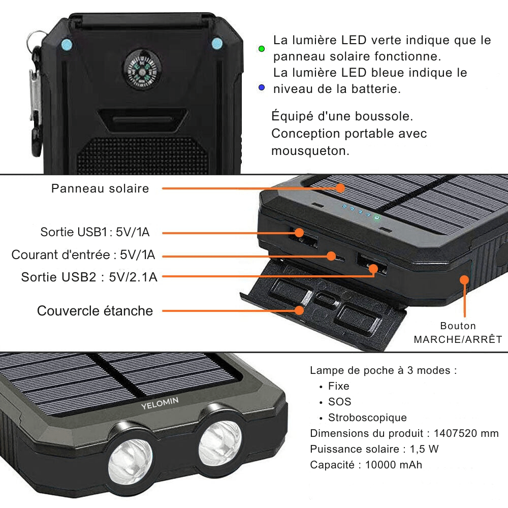 Skanto | Waterproof Shockproof Solar Battery 10 000 mAh | Solar Rechargeable