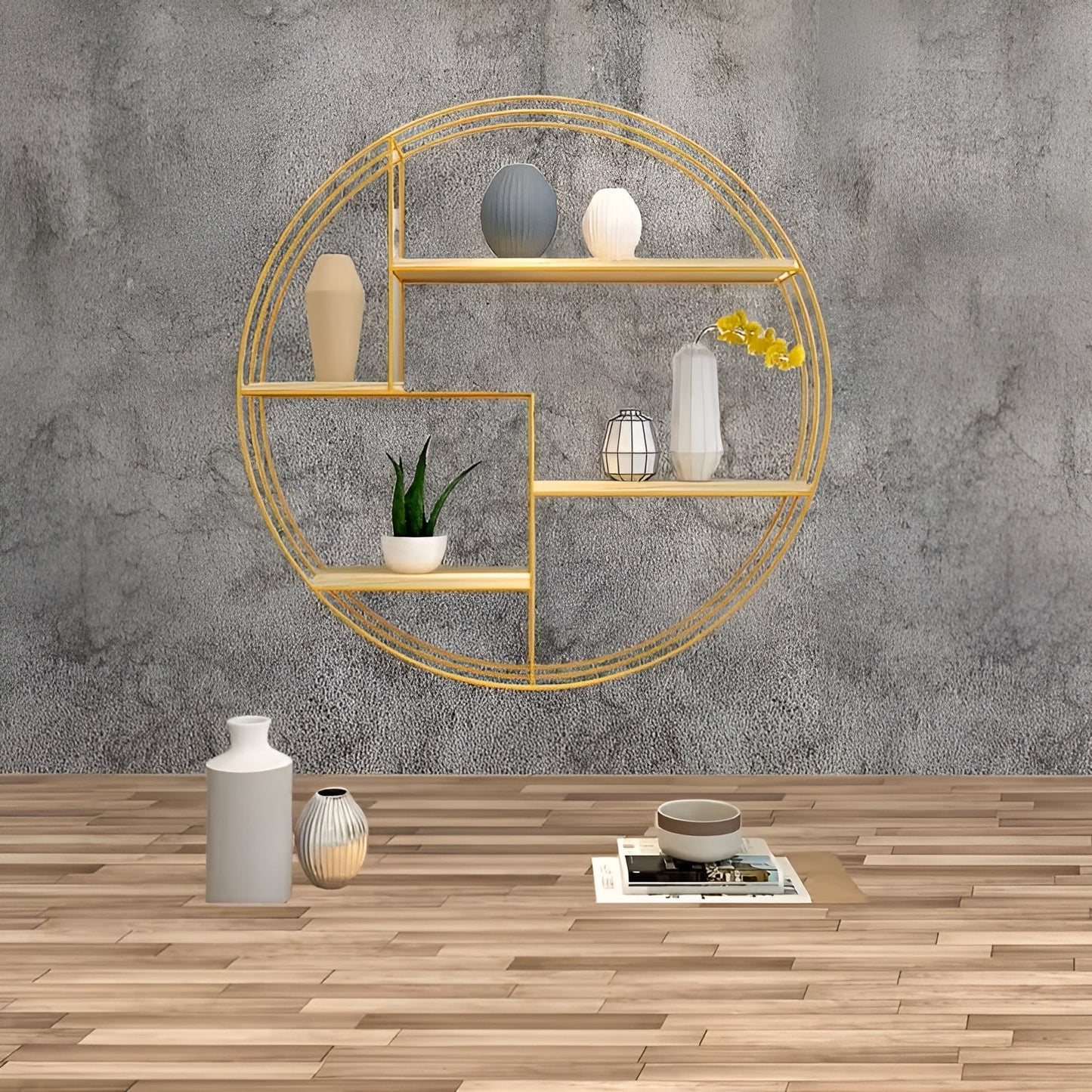 Round Wall Shelf with 4 Levels – Retro Design made of Wood & Metal | Decorative Hanging Shelf for Living Room, Bathroom & Bedroom | Bowlift