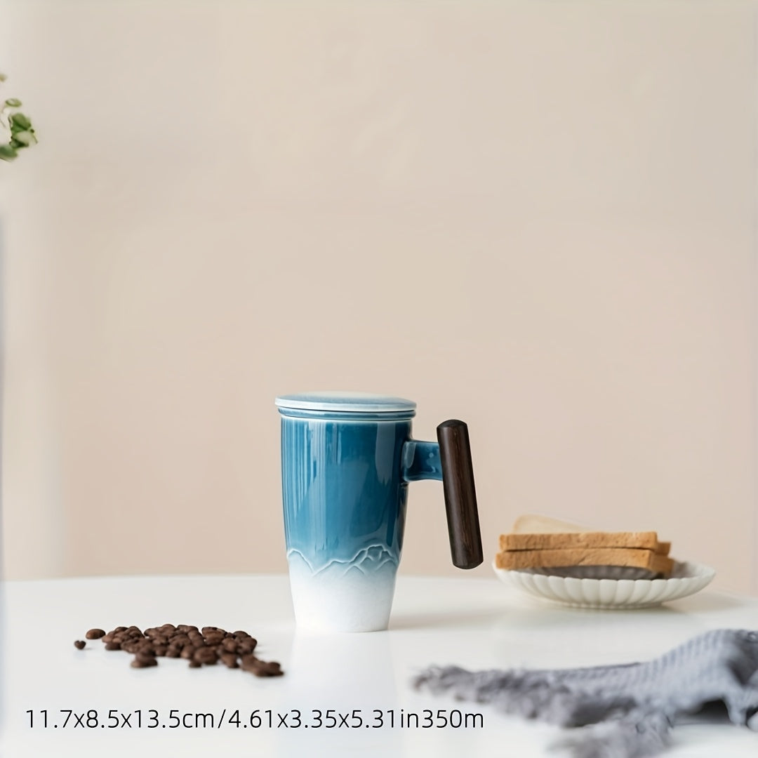 BowLift | TeaCraft Ceramic Mug | Handmade | With Tea Infuser & Wooden Handle | Retro Design
