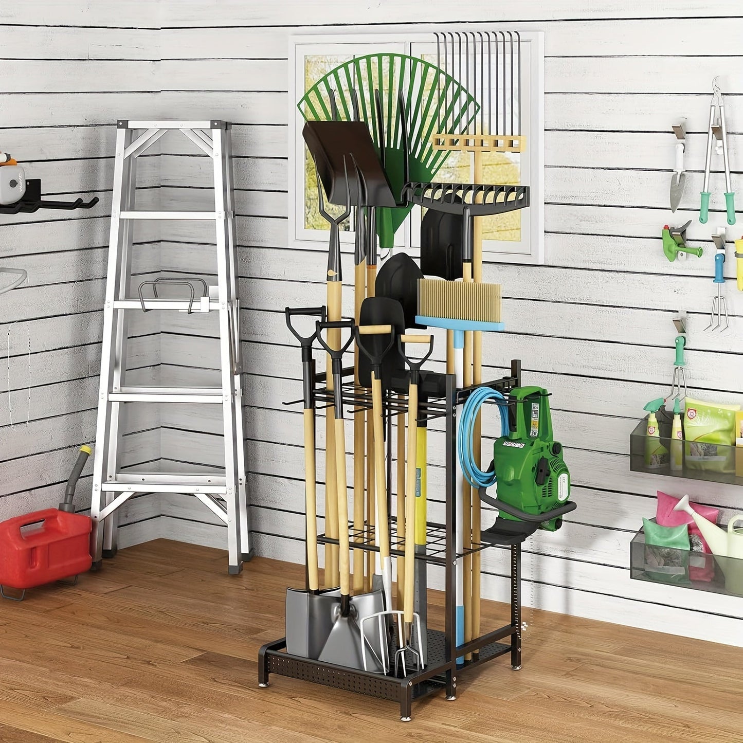 Skanto | Heavy-Duty Black Metal Garden Rack – Durable Outdoor Tool and Hose Storage Organizer