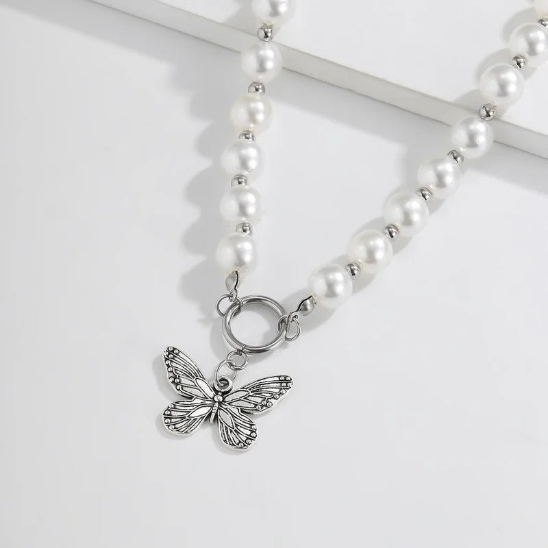 BowLift | Beaded Pearl Butterfly Pendant Choker Necklace