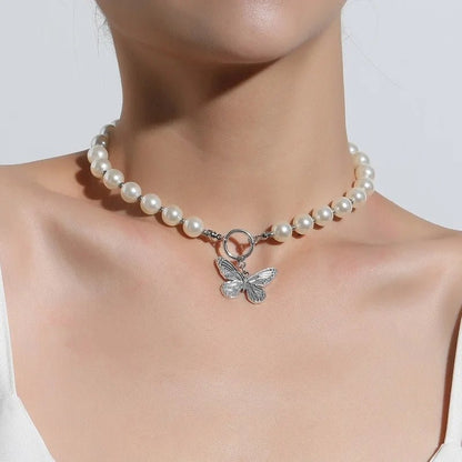 BowLift | Beaded Pearl Butterfly Pendant Choker Necklace