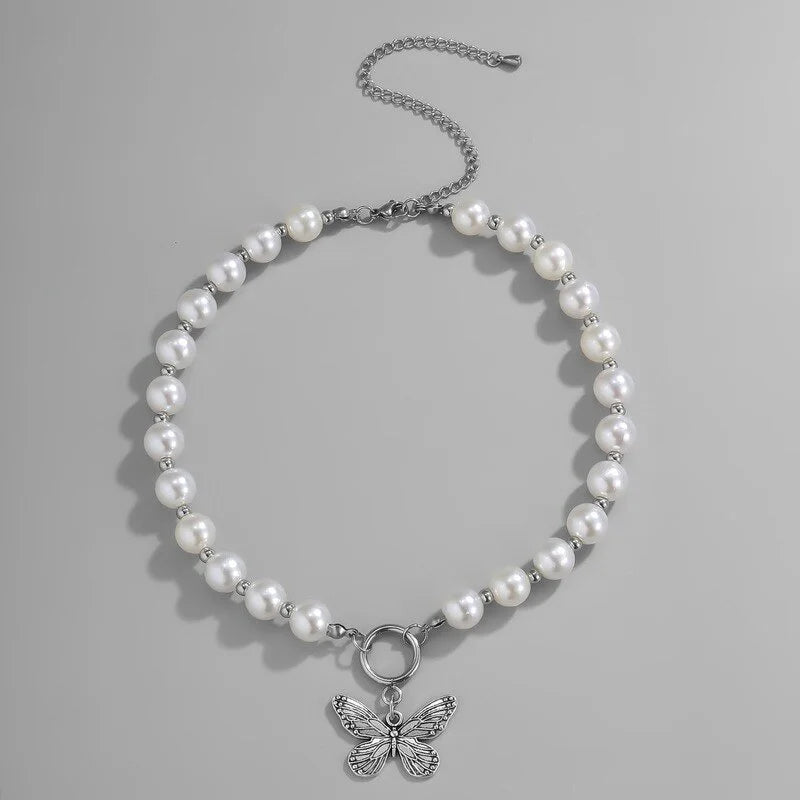 BowLift | Beaded Pearl Butterfly Pendant Choker Necklace
