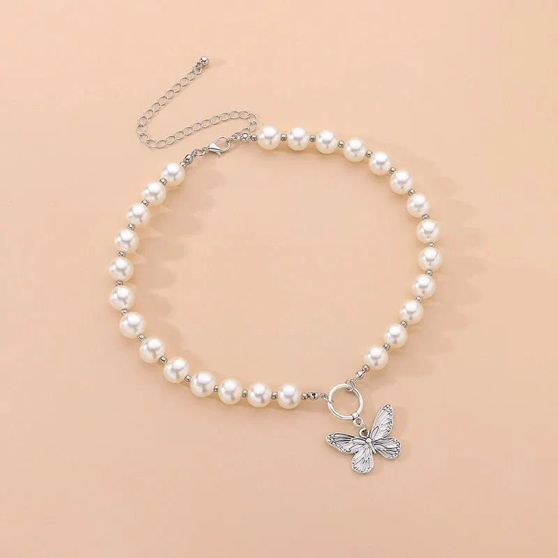 BowLift | Beaded Pearl Butterfly Pendant Choker Necklace