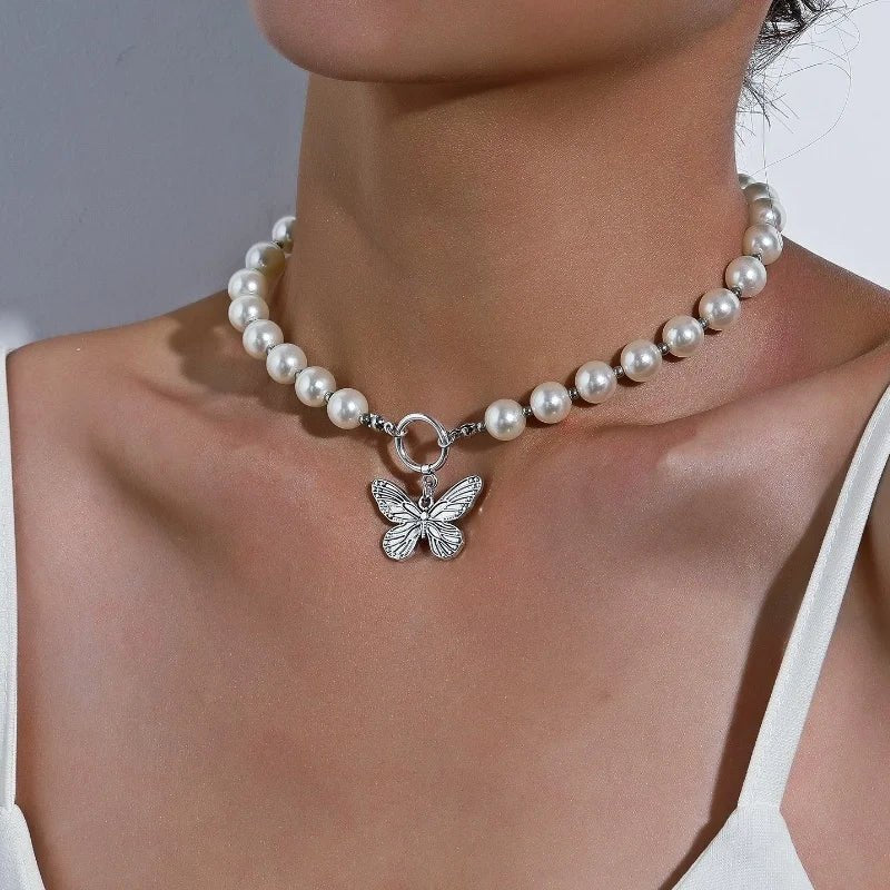 BowLift | Beaded Pearl Butterfly Pendant Choker Necklace