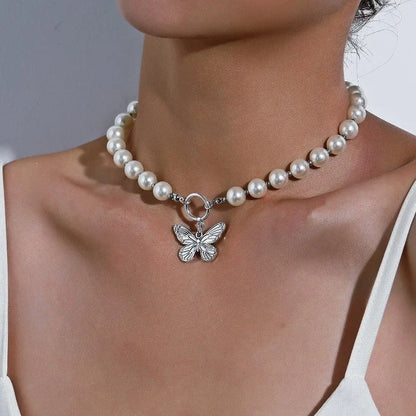 BowLift | Beaded Pearl Butterfly Pendant Choker Necklace