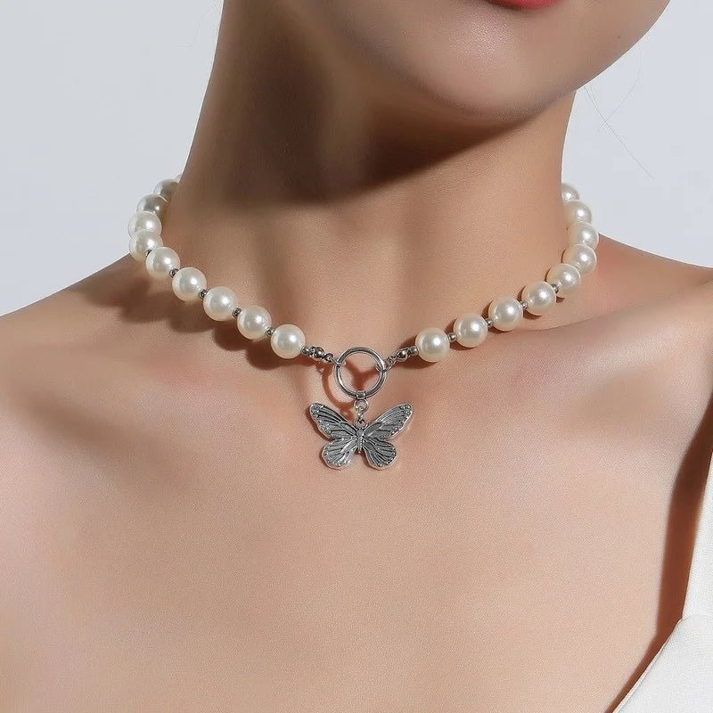 BowLift | Beaded Pearl Butterfly Pendant Choker Necklace