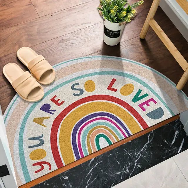 Welcome mat with rainbow and light watermelon print