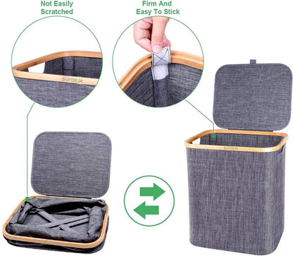 Skanto | Basket with Lid 60L, Laundry Basket with Bamboo Handle and Lid, Foldable