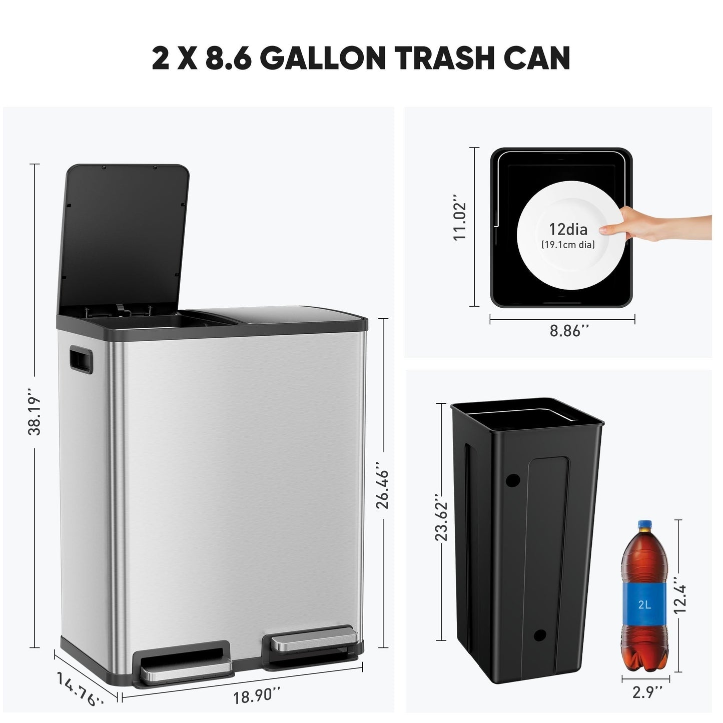 Skanto | JHK 15.85-Gal Large Capacity Silver Kitchen Bin - Modern Design, Dual Compartment Recycling, Closed Lid