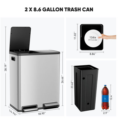 Skanto | JHK 15.85-Gal Large Capacity Silver Kitchen Bin - Modern Design, Dual Compartment Recycling, Closed Lid