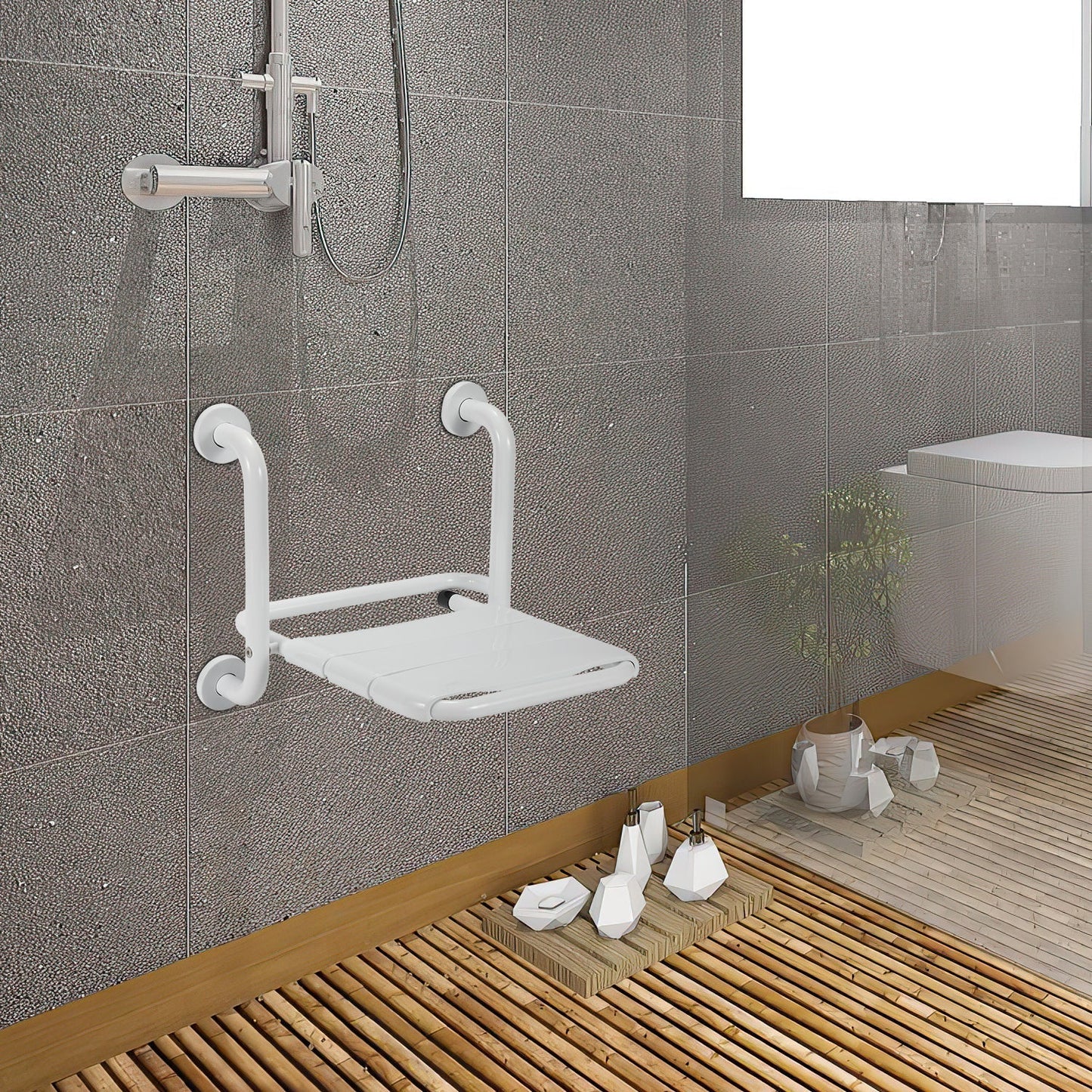 Foldable Shower Seat with Armrests Wall Mount | Karnz